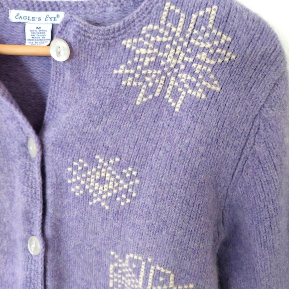 Vintage Wool Eagle's Eye Sweater Made in UK Purple Snowflake Knit Button Front M - Picture 7 of 11